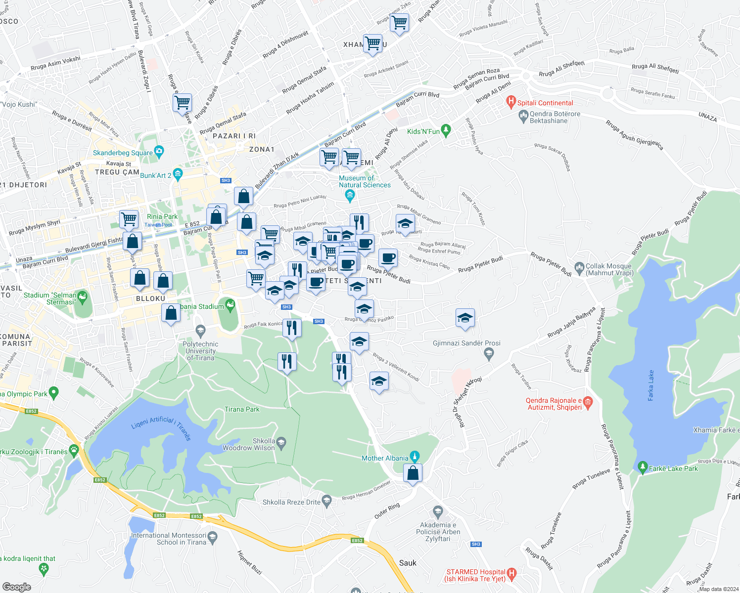 map of restaurants, bars, coffee shops, grocery stores, and more near Rruga Arben Broci in Tirana