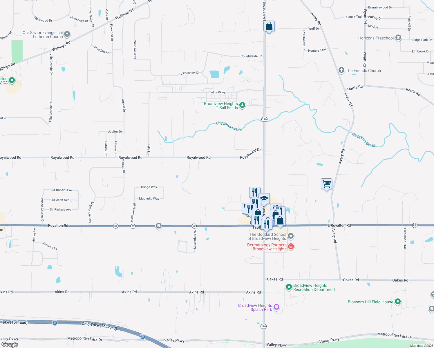 map of restaurants, bars, coffee shops, grocery stores, and more near 1643 Royalwood Road in Broadview Heights