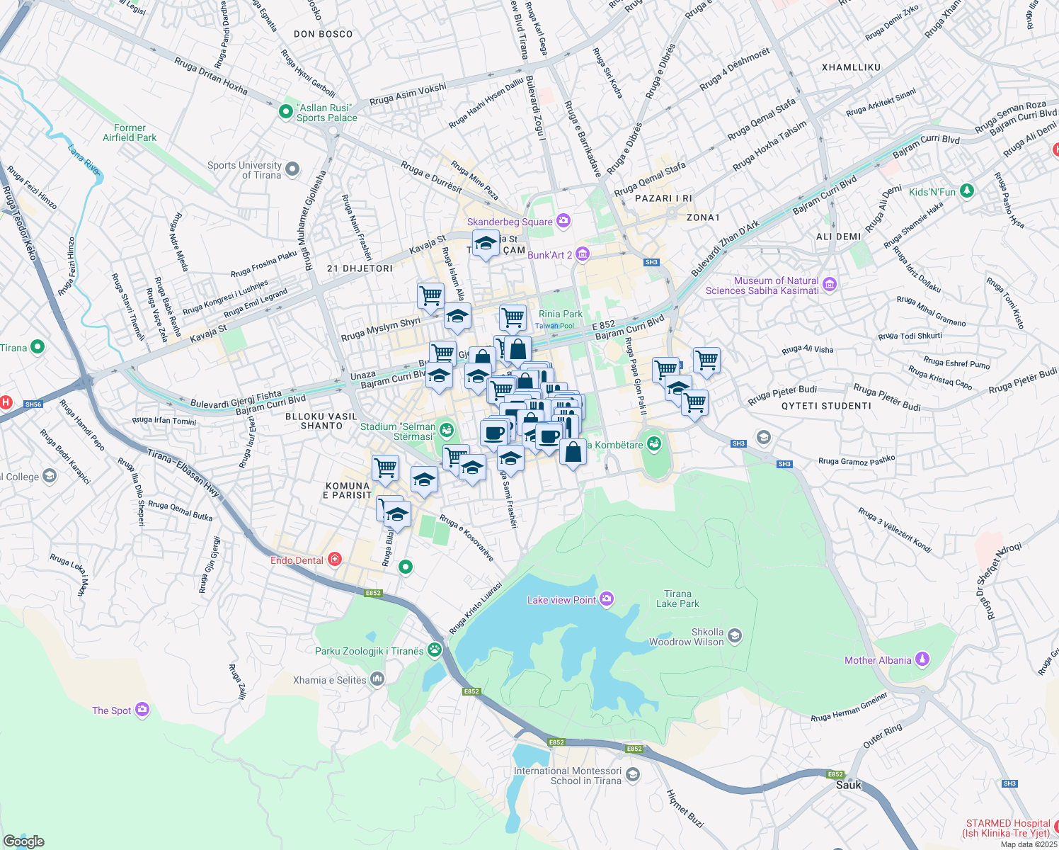 map of restaurants, bars, coffee shops, grocery stores, and more near Rruga Vaso Pasha in Tirana