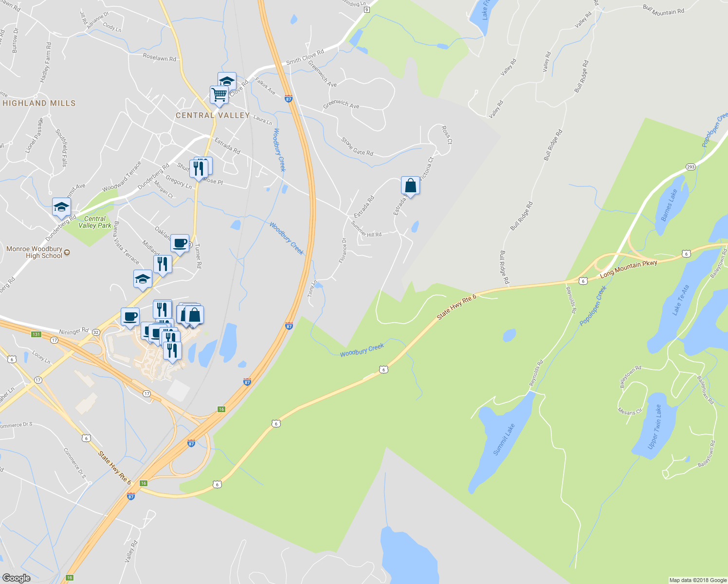 map of restaurants, bars, coffee shops, grocery stores, and more near 300 Estrada Road in Woodbury