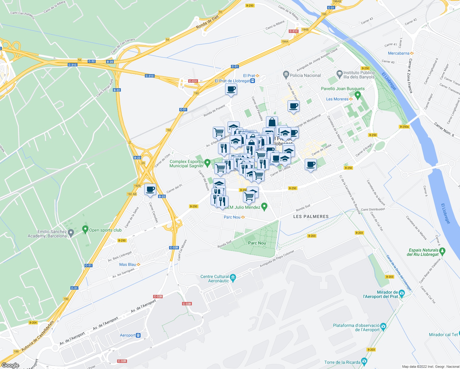 map of restaurants, bars, coffee shops, grocery stores, and more near 5 Carrer de Montjuïc in El Prat de Llobregat
