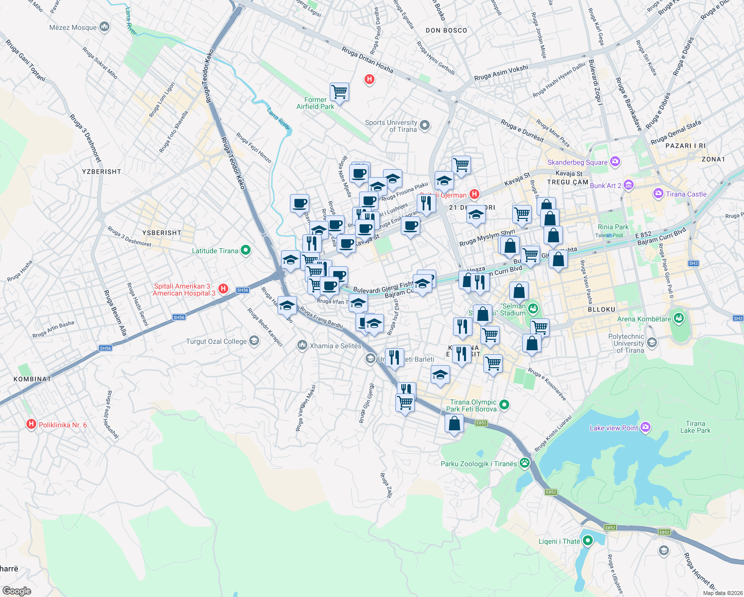map of restaurants, bars, coffee shops, grocery stores, and more near Bulevardi Bajram Curri in Tiranë