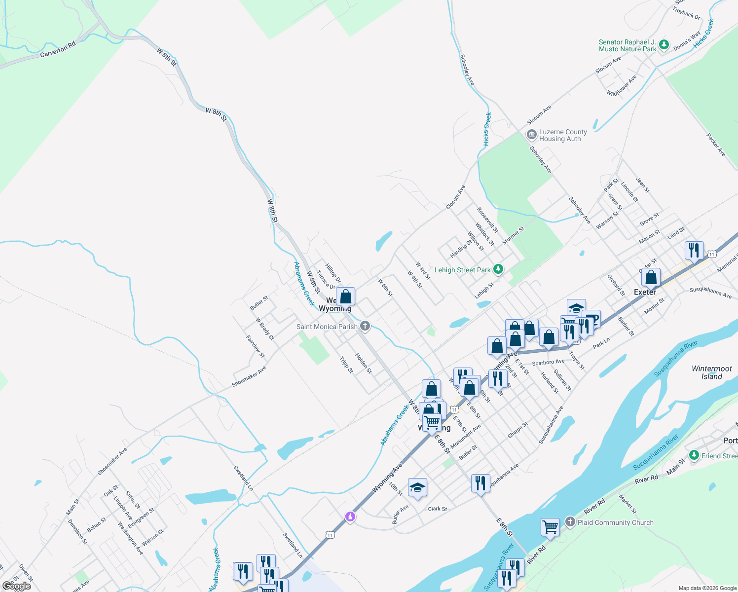 map of restaurants, bars, coffee shops, grocery stores, and more near 635 Avenue East in West Wyoming