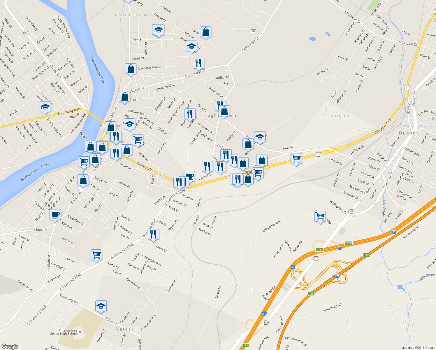 map of restaurants, bars, coffee shops, grocery stores, and more near 1551 South Township Boulevard in Pittston