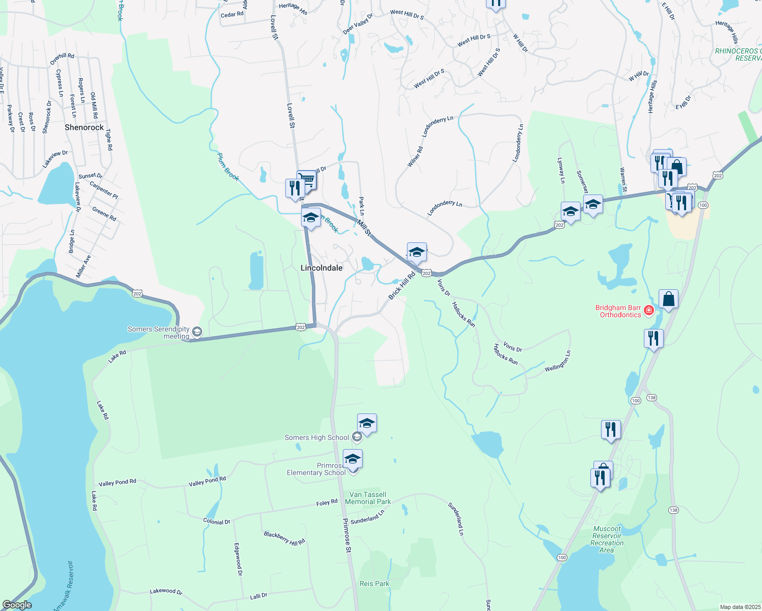 map of restaurants, bars, coffee shops, grocery stores, and more near 19 Brick Hill Road in Lincolndale