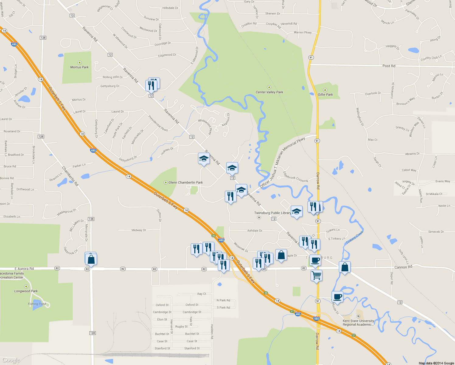 map of restaurants, bars, coffee shops, grocery stores, and more near 10204 Ravenna Road in Twinsburg