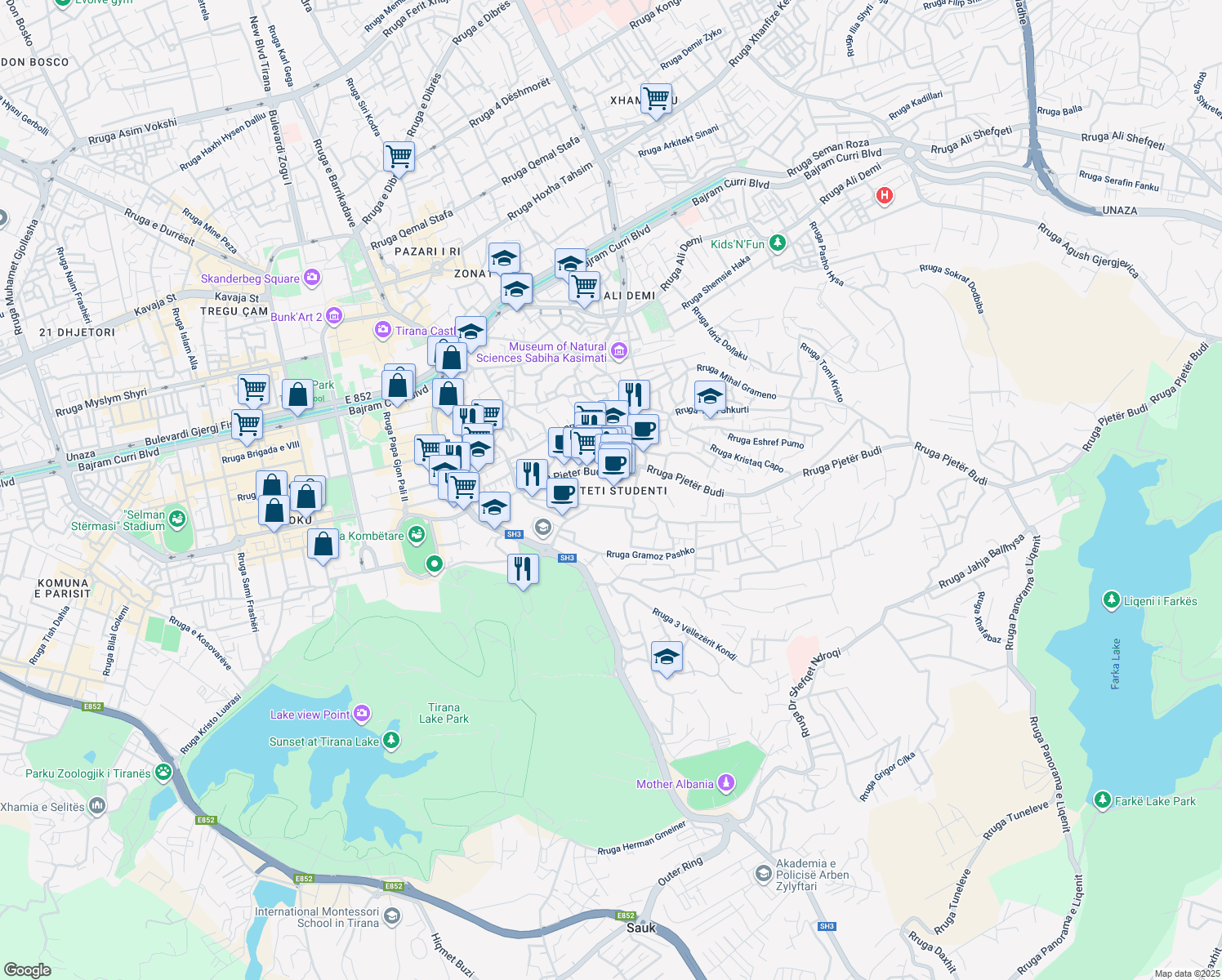 map of restaurants, bars, coffee shops, grocery stores, and more near Rruga Arben Broci in Tirana