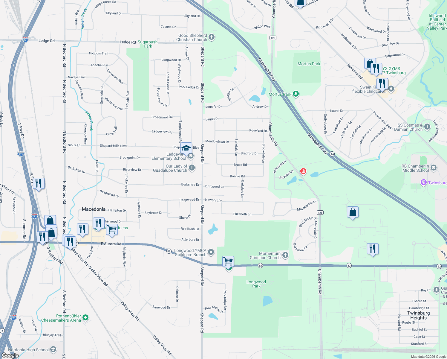 map of restaurants, bars, coffee shops, grocery stores, and more near 1456 Bonnie Road in Macedonia