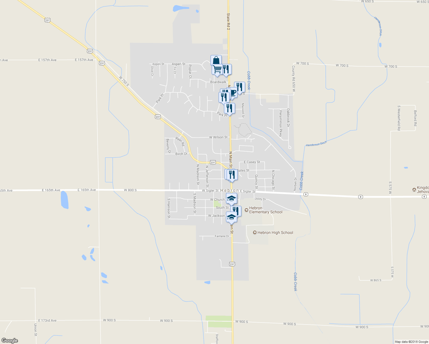 map of restaurants, bars, coffee shops, grocery stores, and more near 210 West Bates Street in Hebron