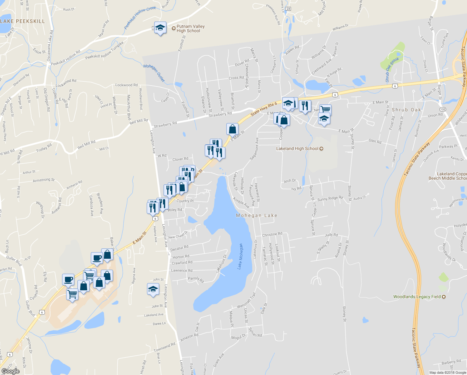 map of restaurants, bars, coffee shops, grocery stores, and more near 3481 Lakeside Drive in Mohegan Lake