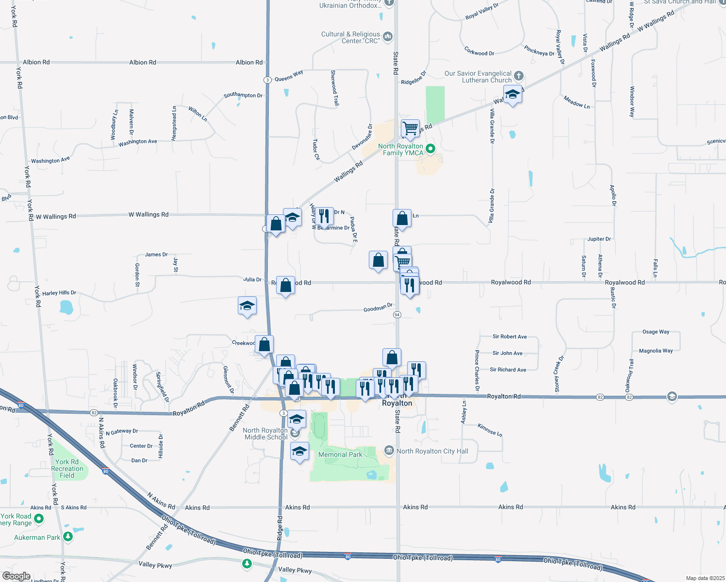 map of restaurants, bars, coffee shops, grocery stores, and more near 5929 Royalwood Road in North Royalton