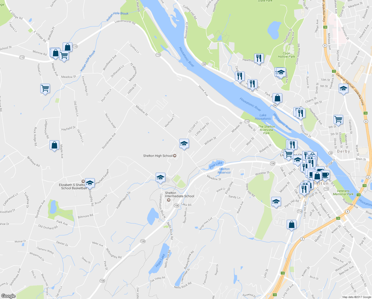 map of restaurants, bars, coffee shops, grocery stores, and more near 115 Meadow Street in Shelton