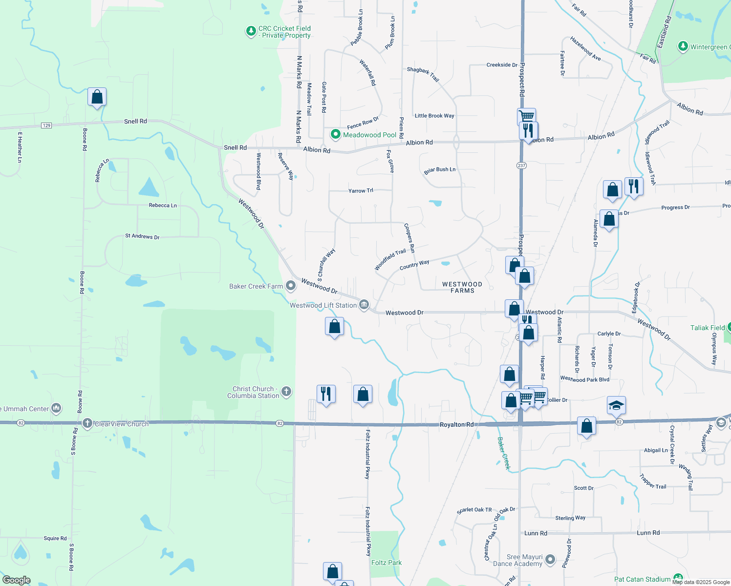 map of restaurants, bars, coffee shops, grocery stores, and more near 22370 Westwood Dr in Strongsville