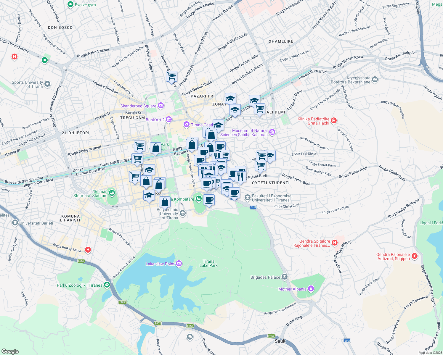 map of restaurants, bars, coffee shops, grocery stores, and more near Rruga Nasi Pavllo in Tirana
