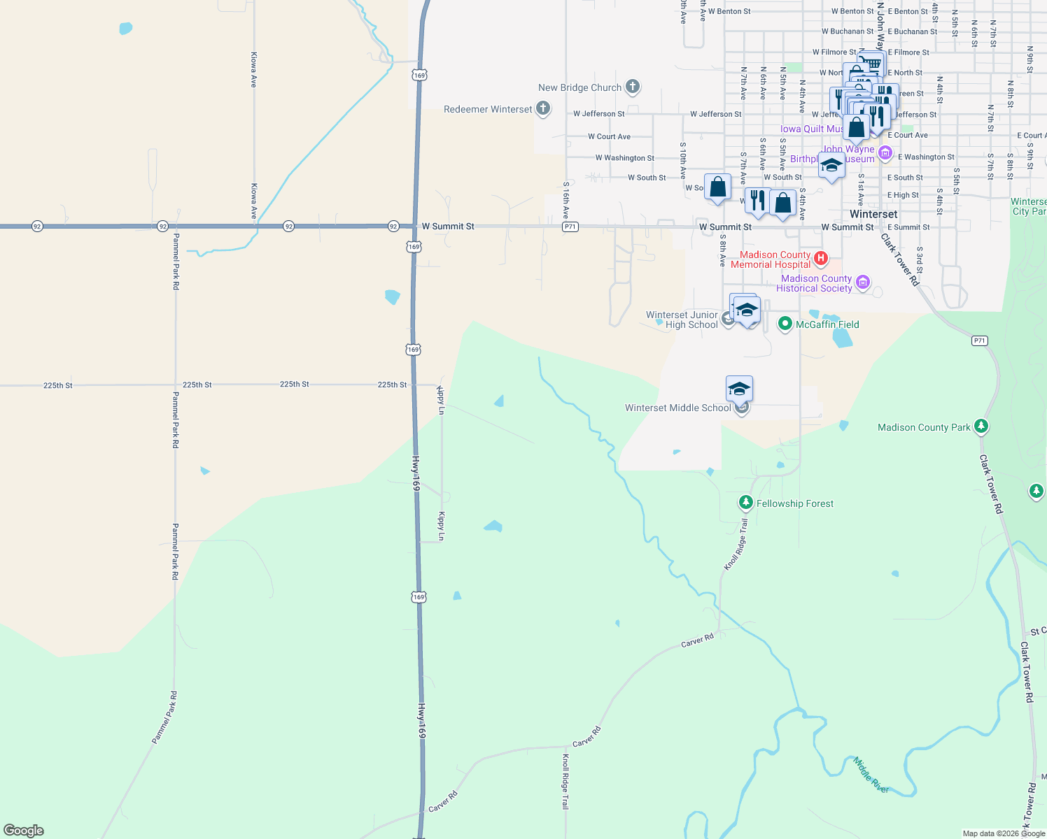 map of restaurants, bars, coffee shops, grocery stores, and more near 2259 Kippy Ridge Court in Winterset