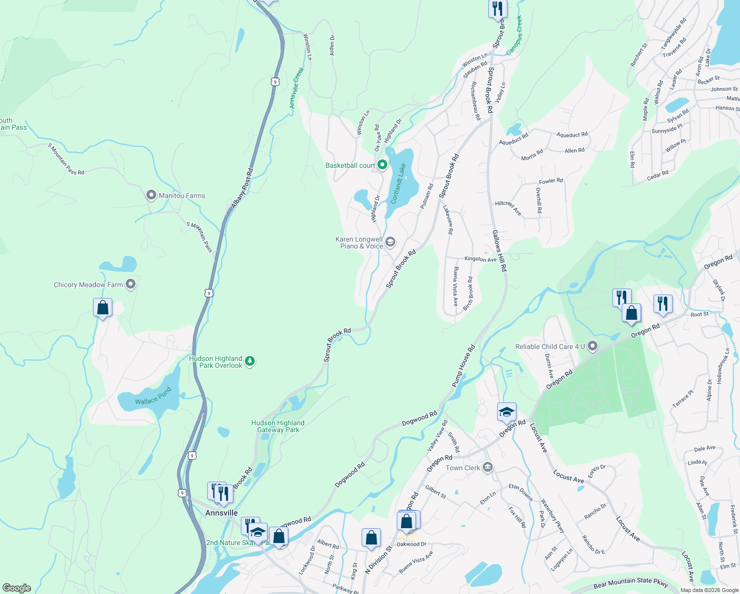 map of restaurants, bars, coffee shops, grocery stores, and more near 84 Wharton Drive in Cortlandt