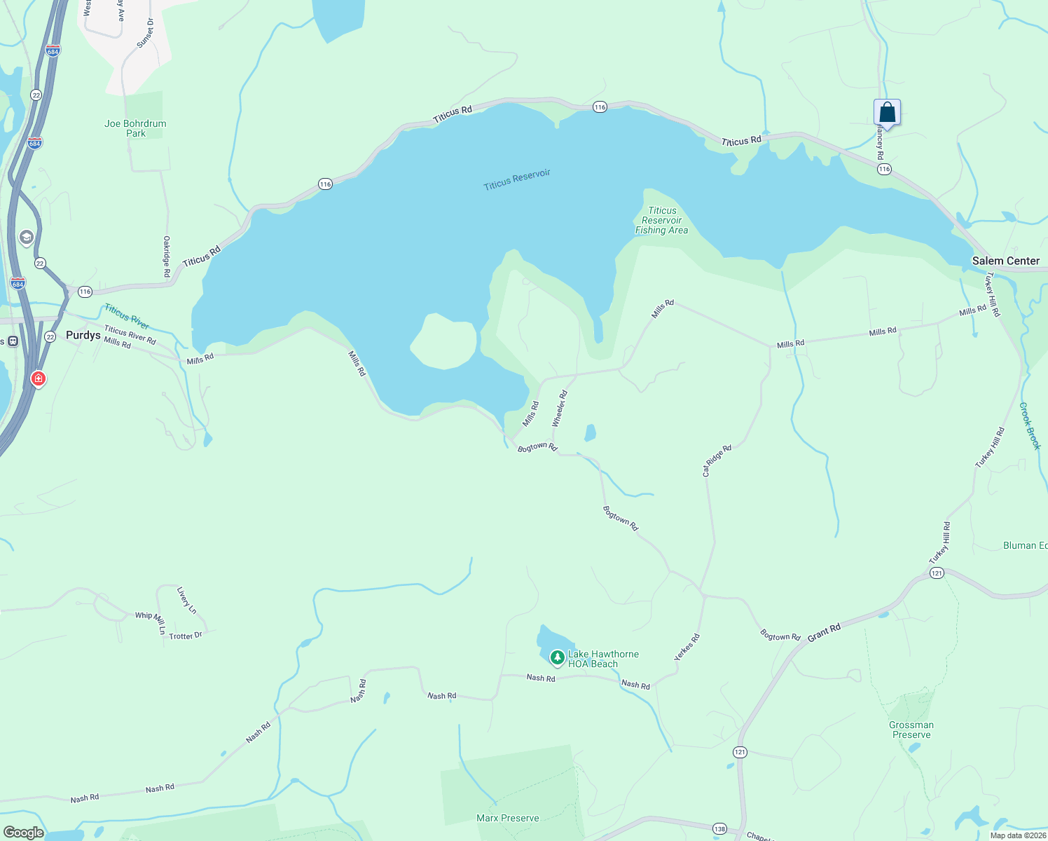 map of restaurants, bars, coffee shops, grocery stores, and more near 182 Mills Road in North Salem