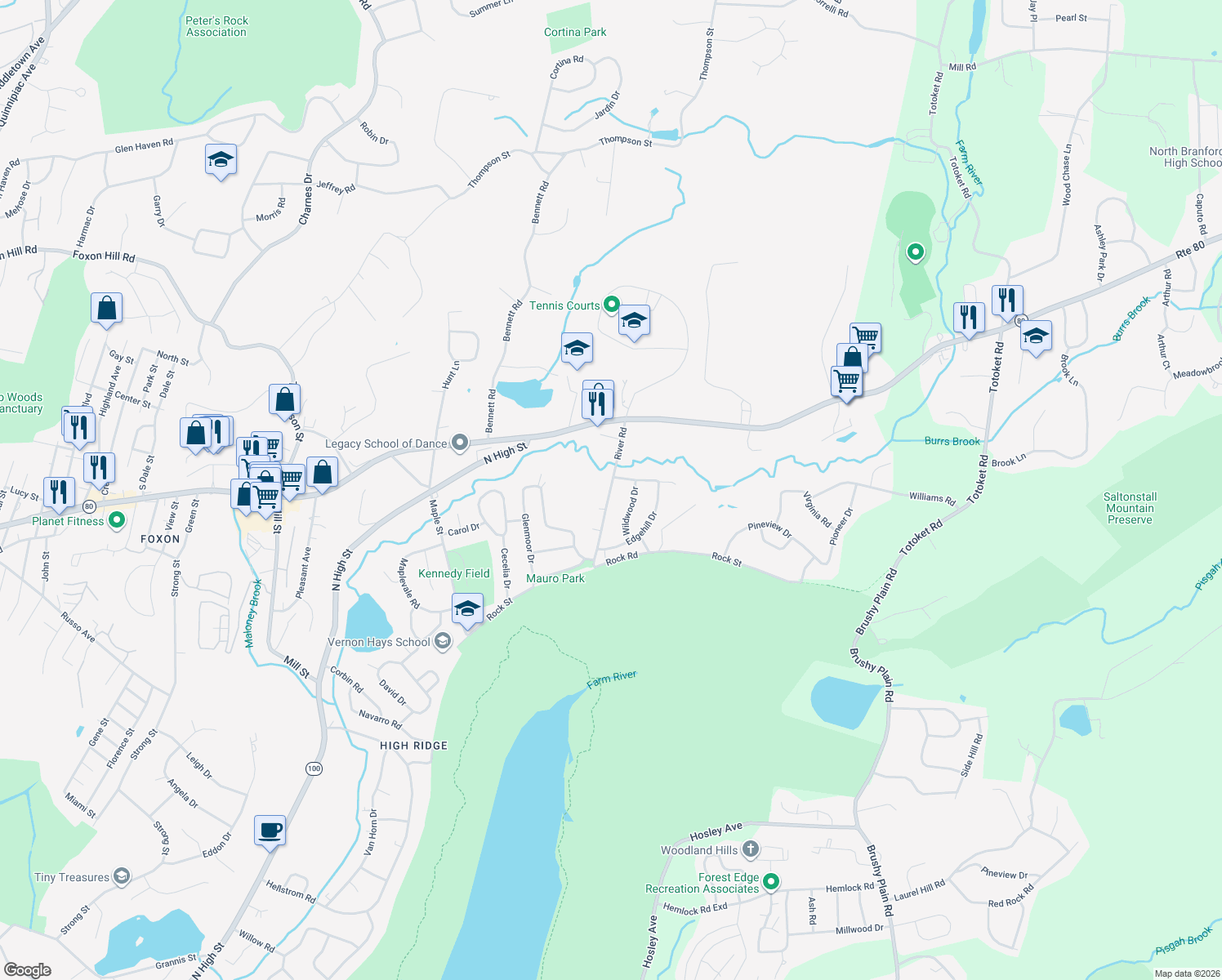 map of restaurants, bars, coffee shops, grocery stores, and more near 27 River Road in East Haven