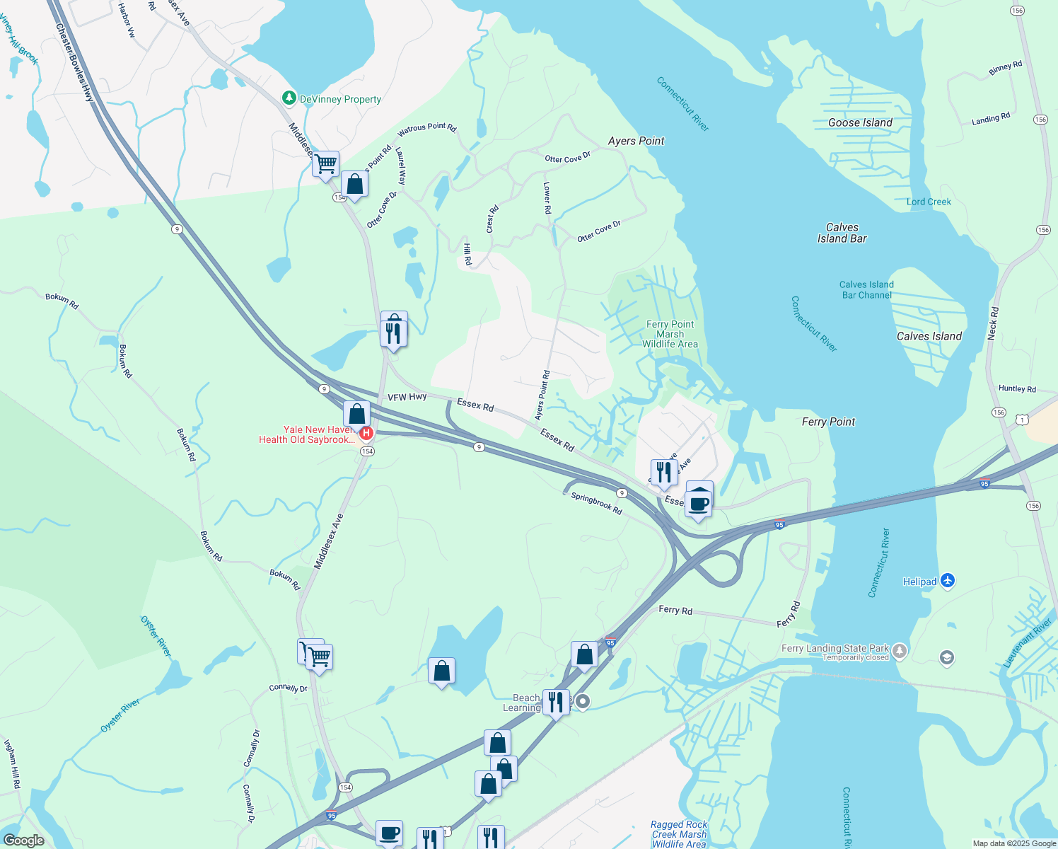 map of restaurants, bars, coffee shops, grocery stores, and more near 230 Essex Rd in Old Saybrook