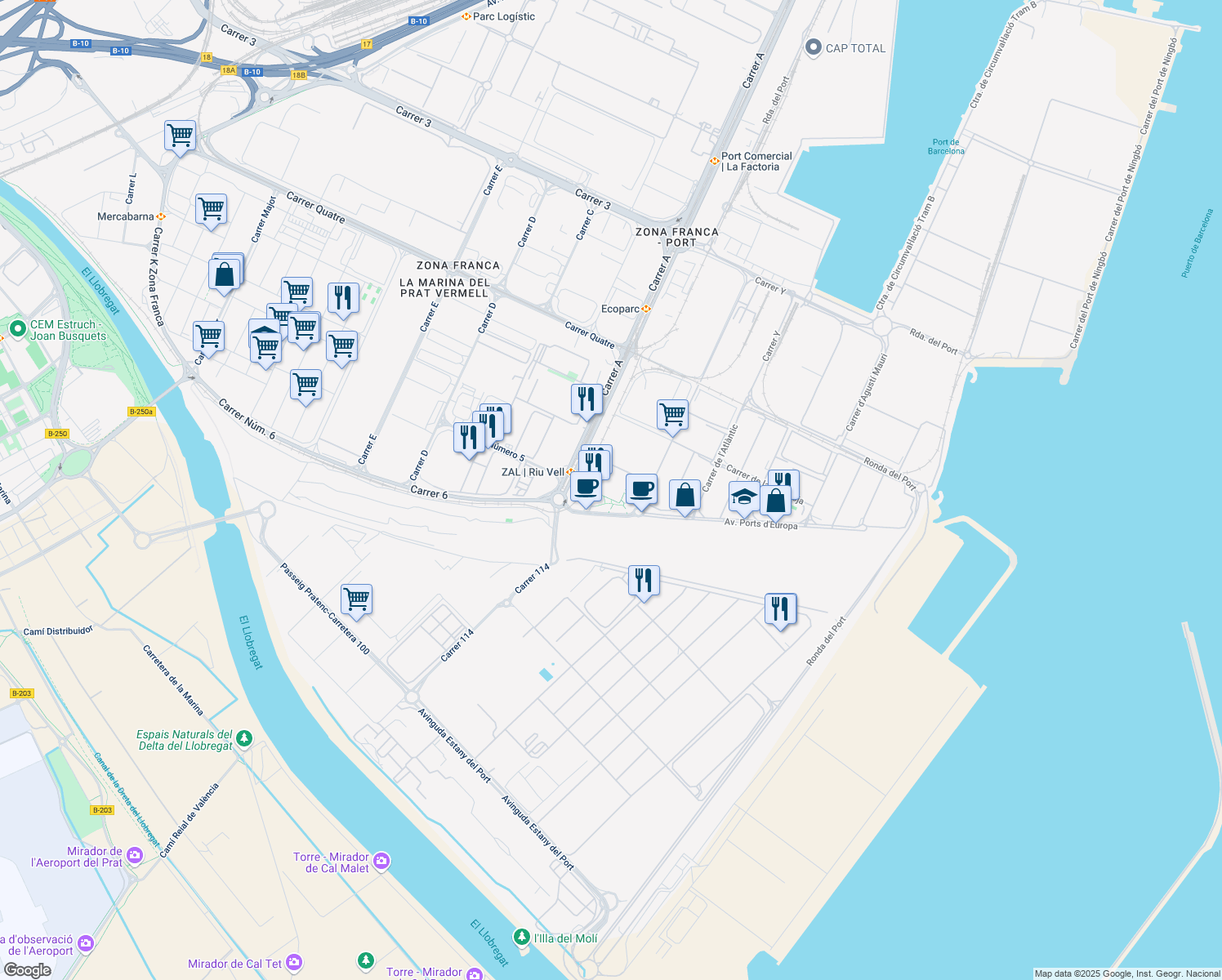 map of restaurants, bars, coffee shops, grocery stores, and more near 100 Avinguda Ports d'Europa in Barcelona