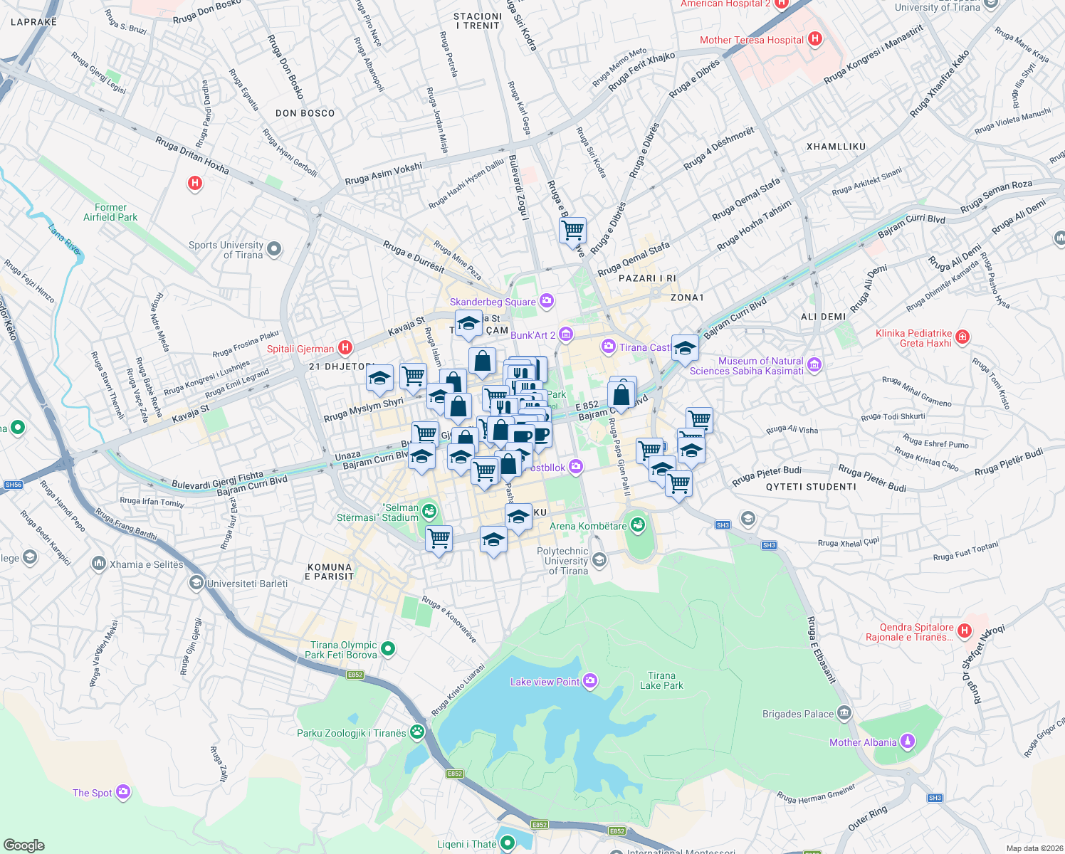 map of restaurants, bars, coffee shops, grocery stores, and more near Bulevardi Bajram Curri in Tirana