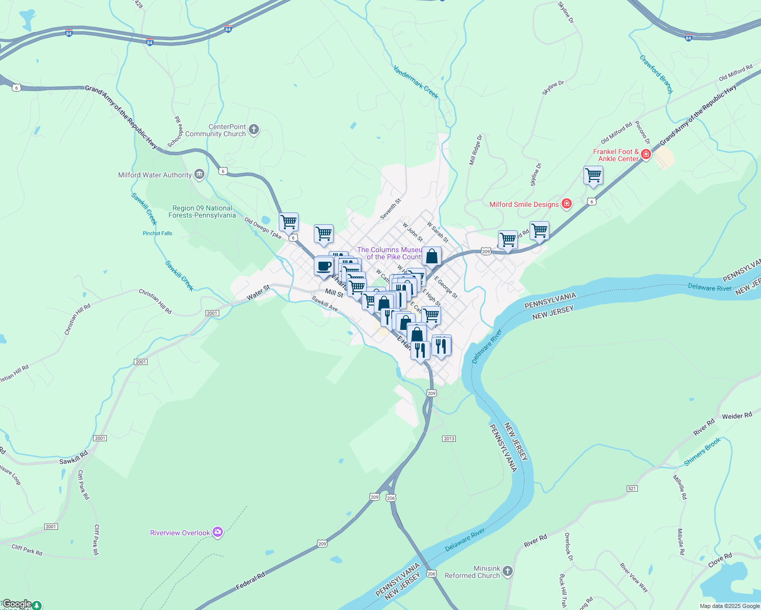 map of restaurants, bars, coffee shops, grocery stores, and more near 110 West Ann Street in Milford