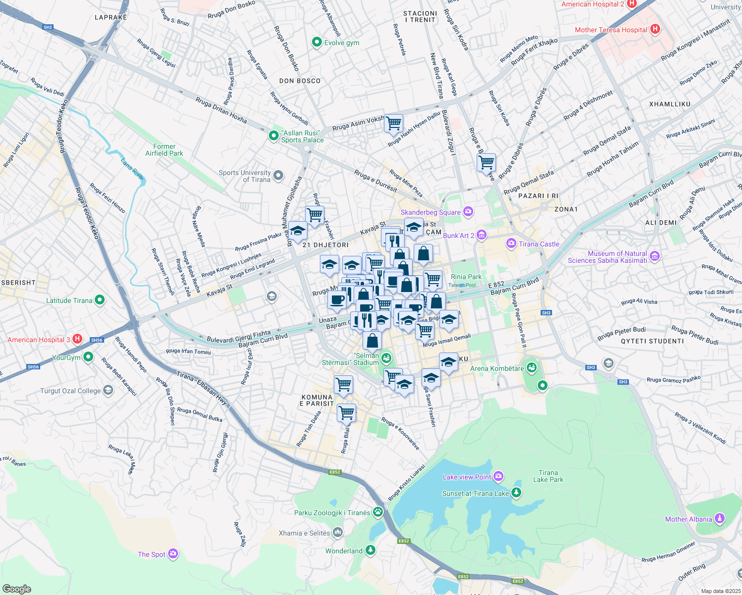 map of restaurants, bars, coffee shops, grocery stores, and more near Rruga Nikolla Jorga in Tirana