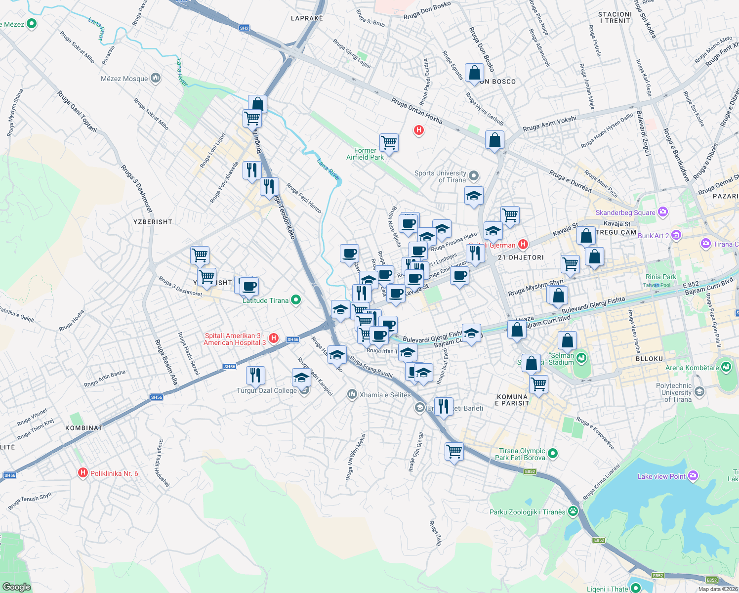 map of restaurants, bars, coffee shops, grocery stores, and more near Rruga Kel Kodheli in Tirana