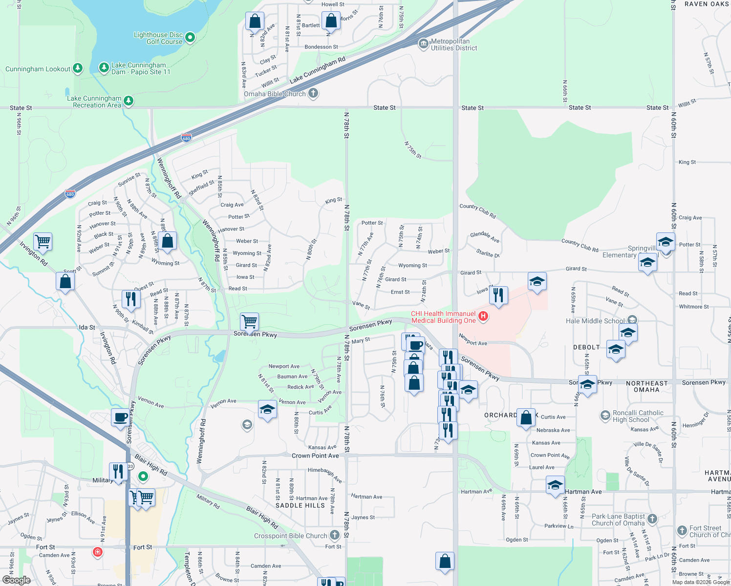 map of restaurants, bars, coffee shops, grocery stores, and more near 7259 North 77th Street in Omaha