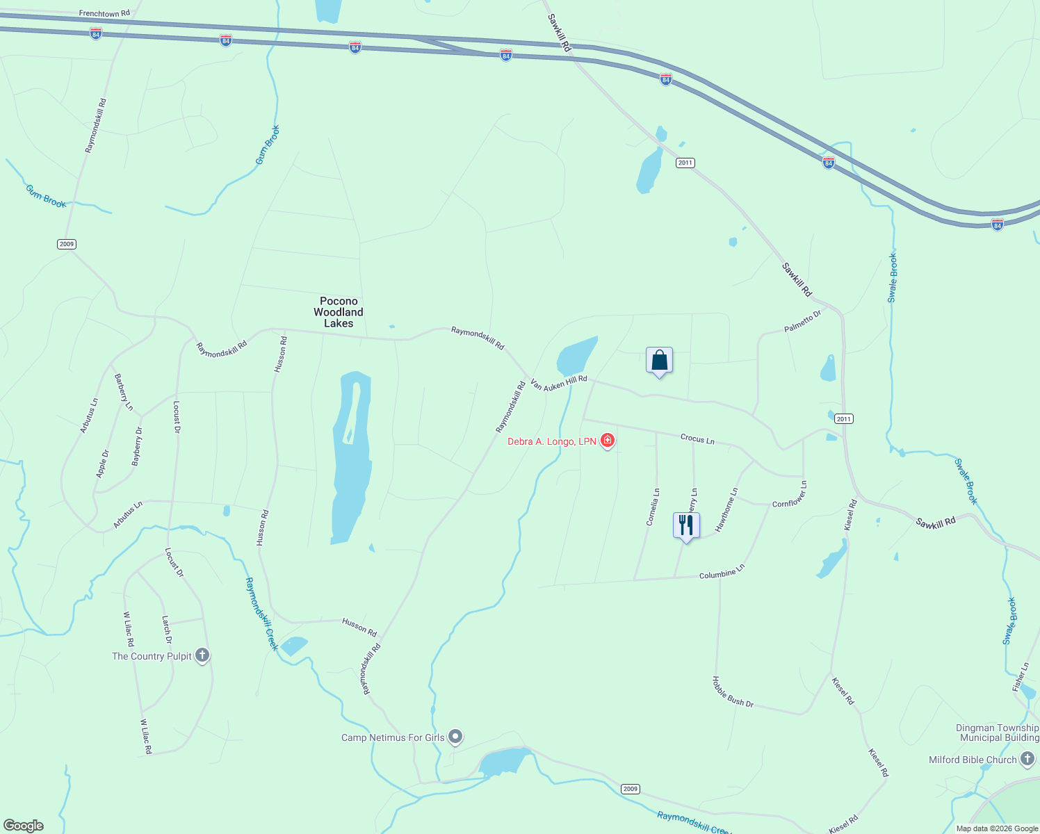 map of restaurants, bars, coffee shops, grocery stores, and more near 518 Raymondskill Road in Milford