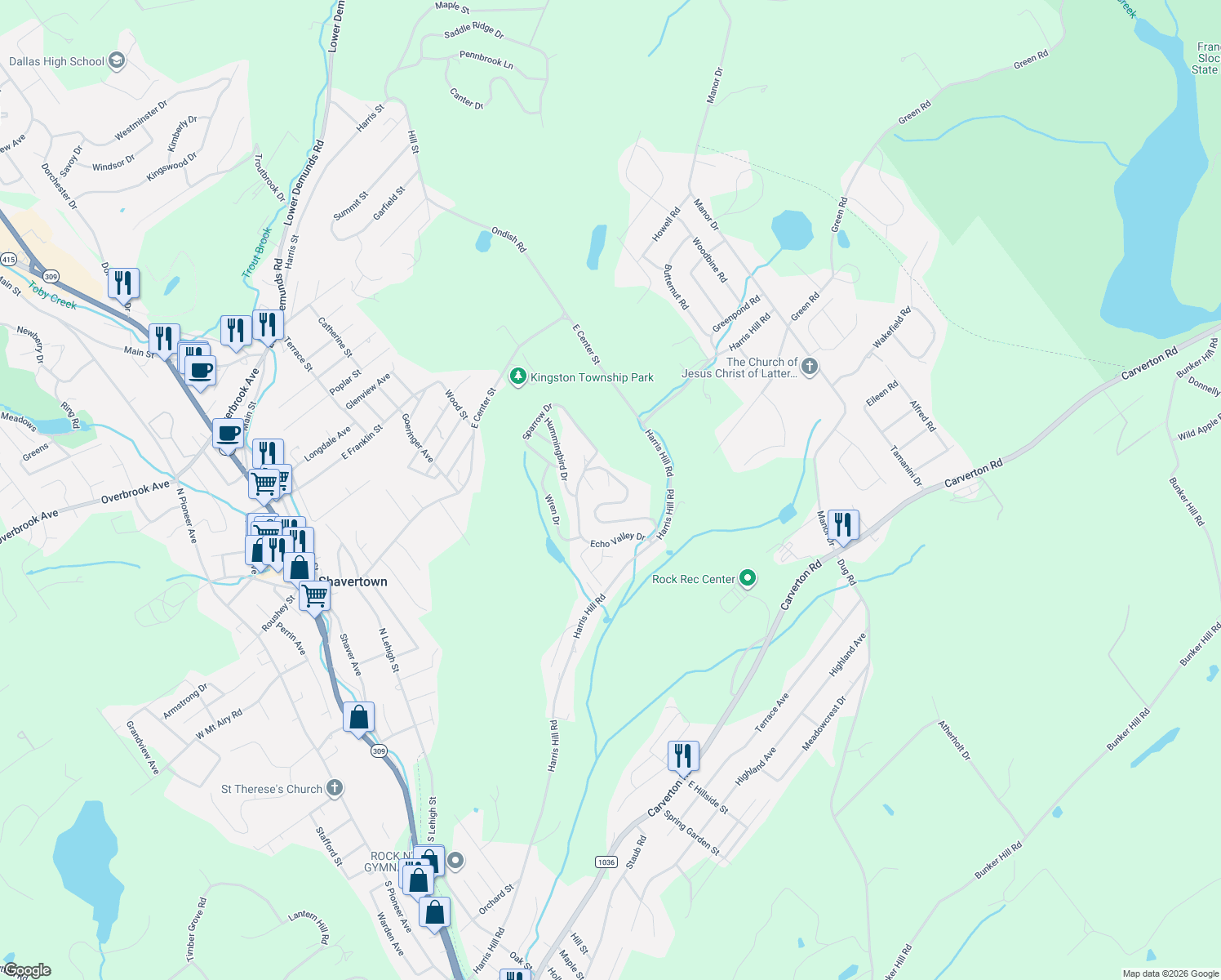 map of restaurants, bars, coffee shops, grocery stores, and more near 301-331 Echo Valley Drive in Luzerne