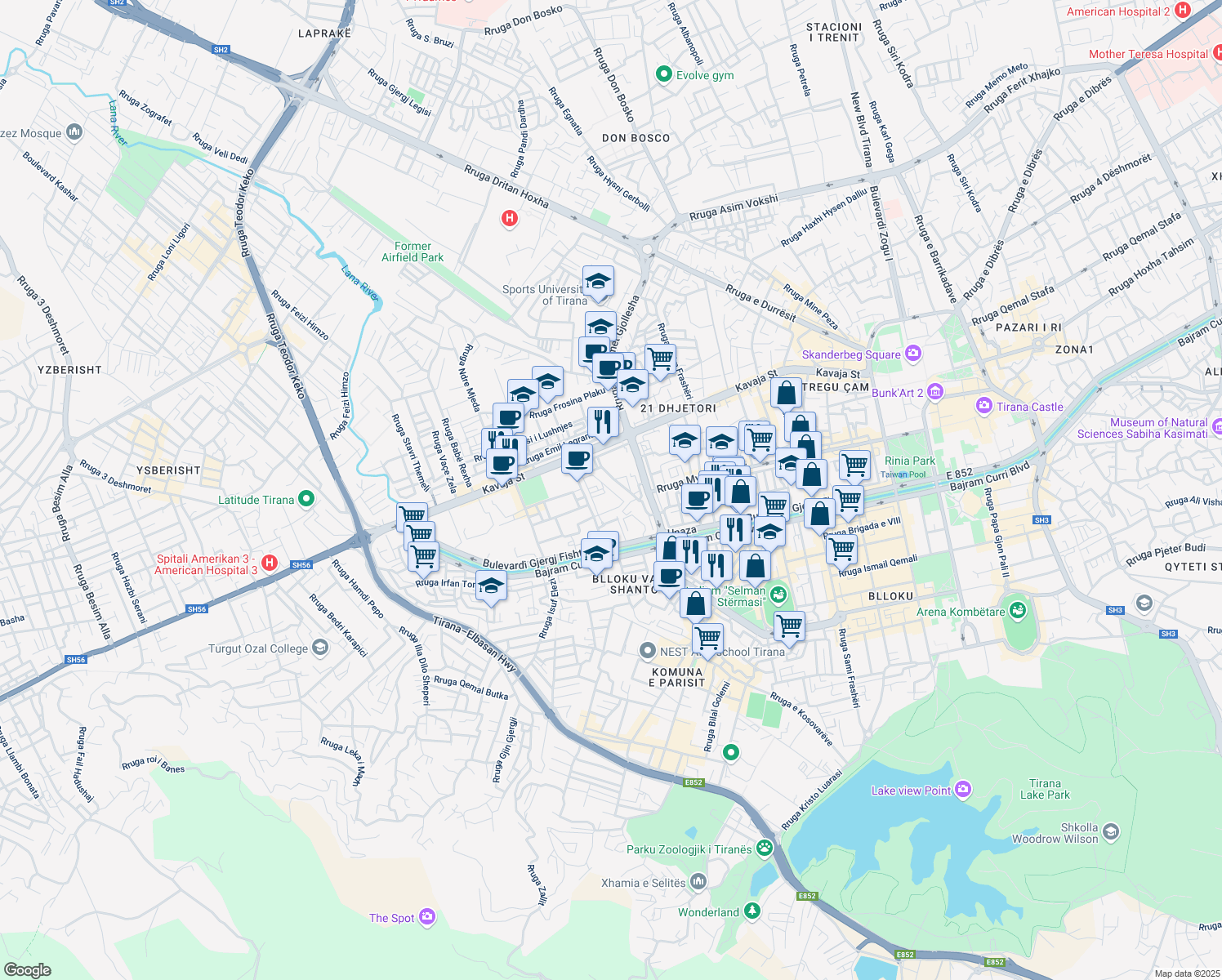 map of restaurants, bars, coffee shops, grocery stores, and more near Rruga Shefqet Musaraj in Tirana