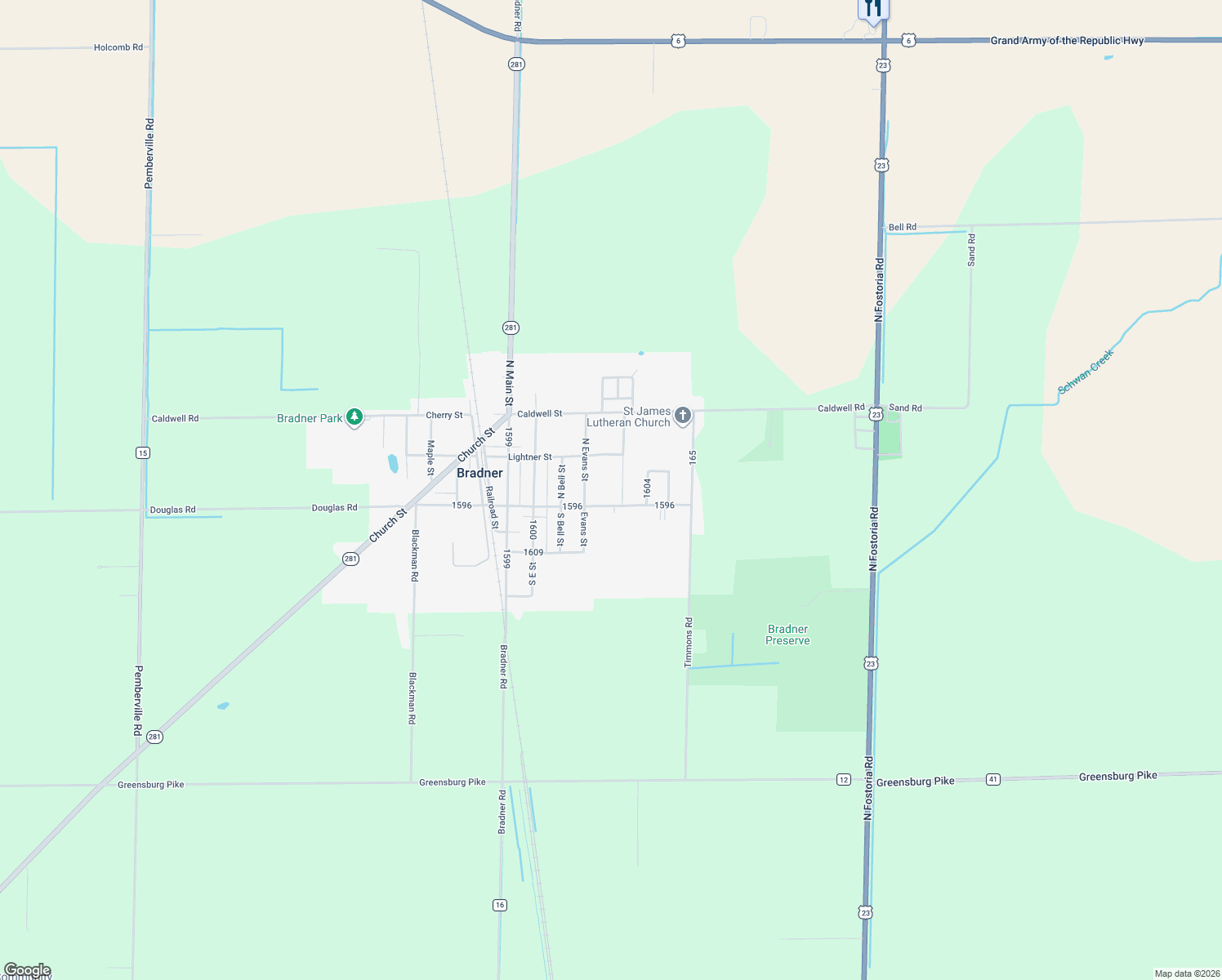 map of restaurants, bars, coffee shops, grocery stores, and more near 109 North Stahl Street in Bradner
