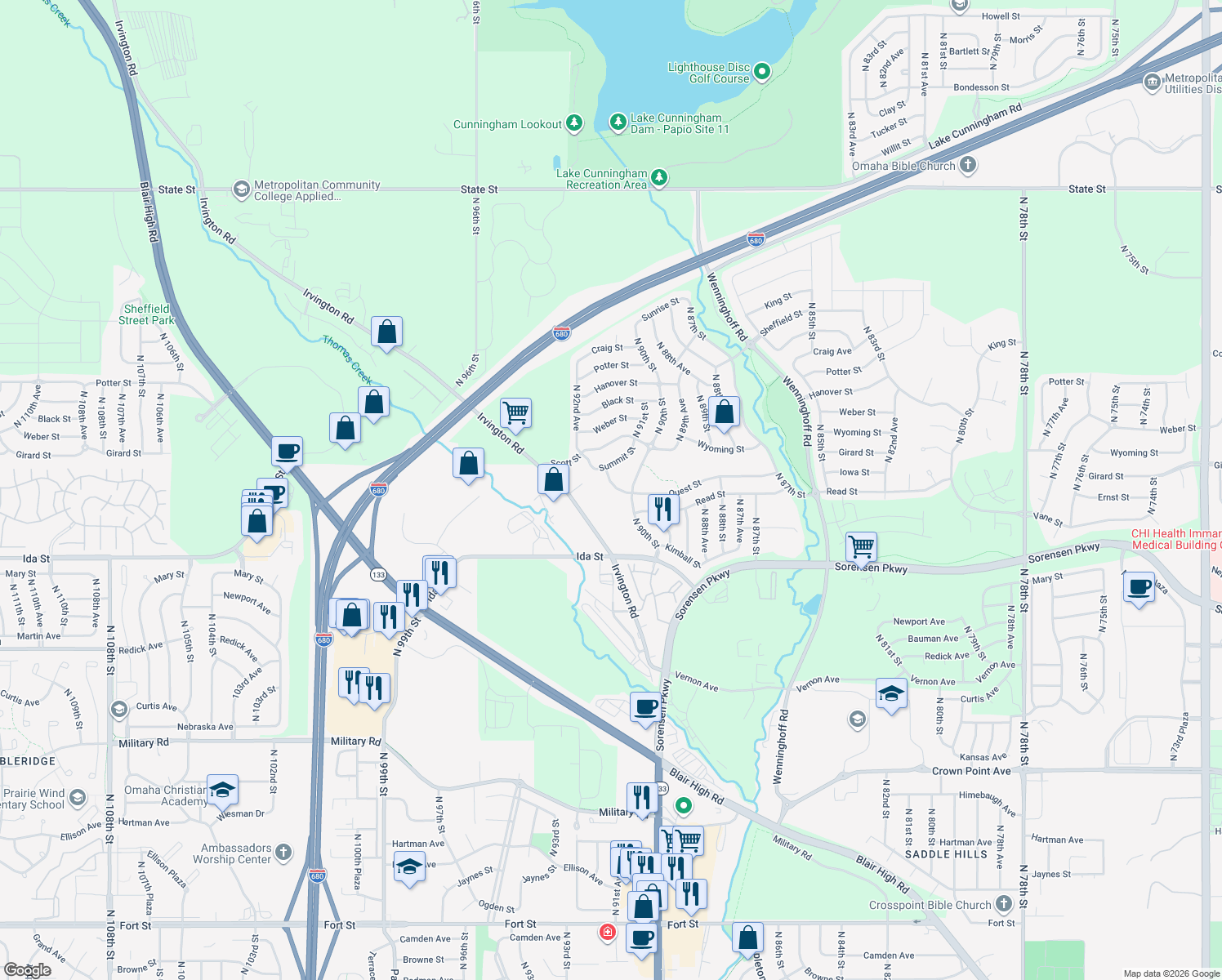 map of restaurants, bars, coffee shops, grocery stores, and more near 9021 Quest Street in Omaha