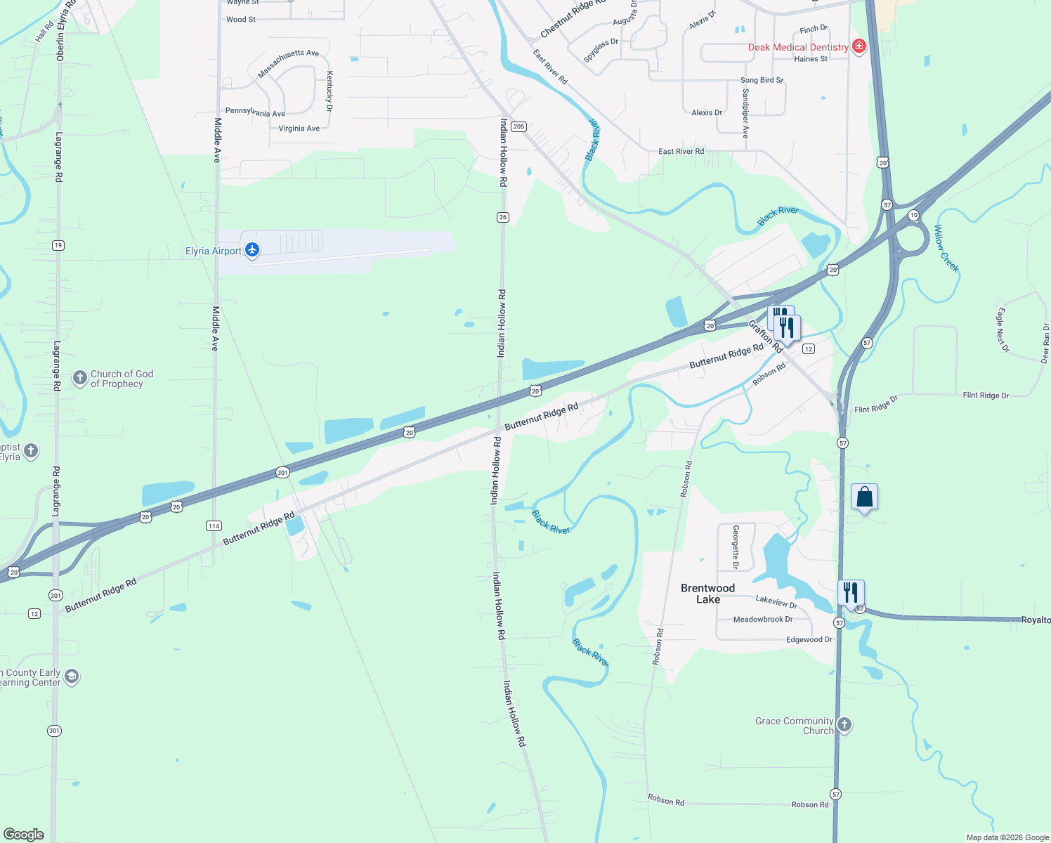 map of restaurants, bars, coffee shops, grocery stores, and more near 39505 Butternut Ridge Road in Elyria