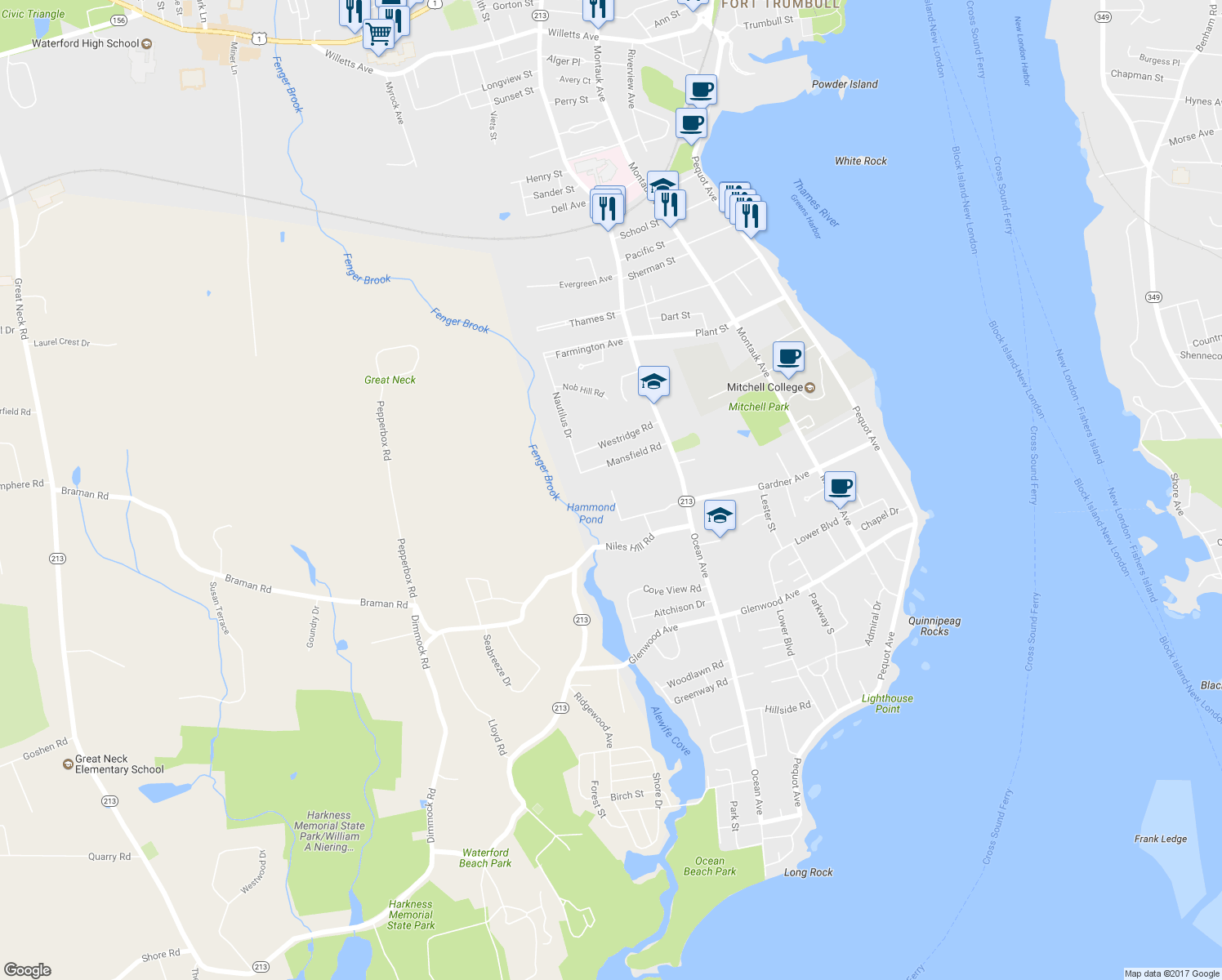 map of restaurants, bars, coffee shops, grocery stores, and more near Georgetown Road in New London