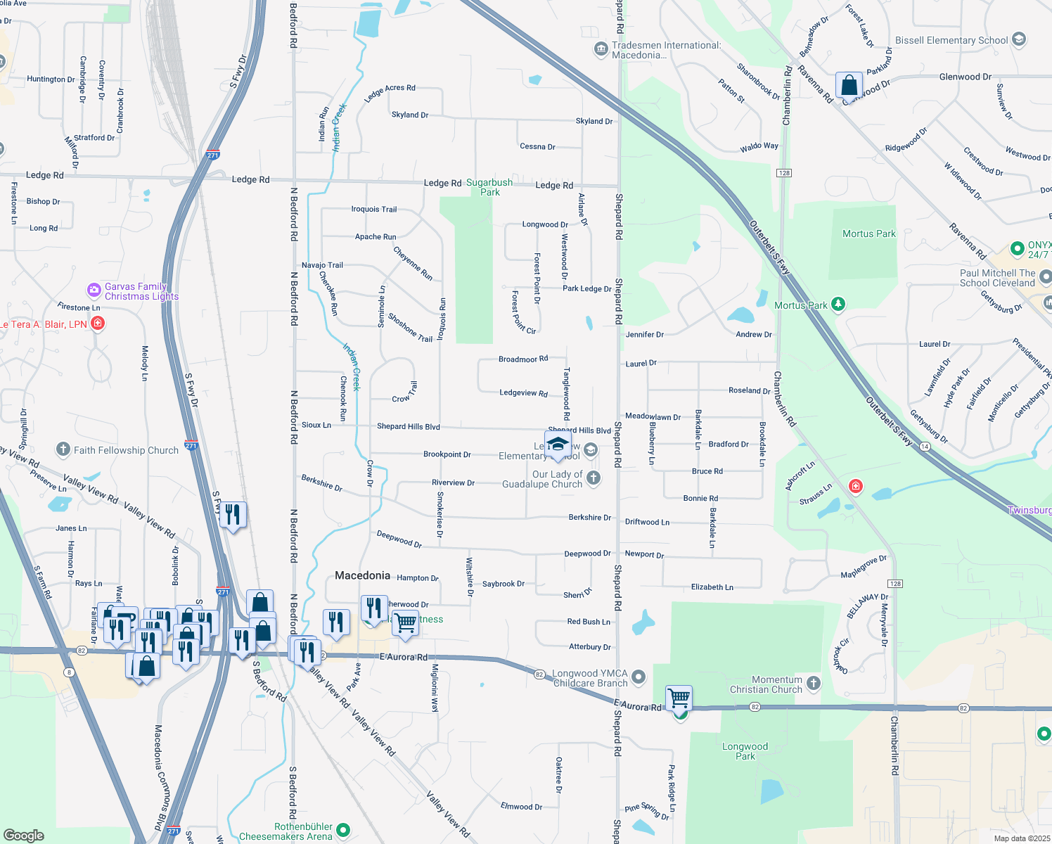 map of restaurants, bars, coffee shops, grocery stores, and more near 1145 Shepard Hills Boulevard in Macedonia