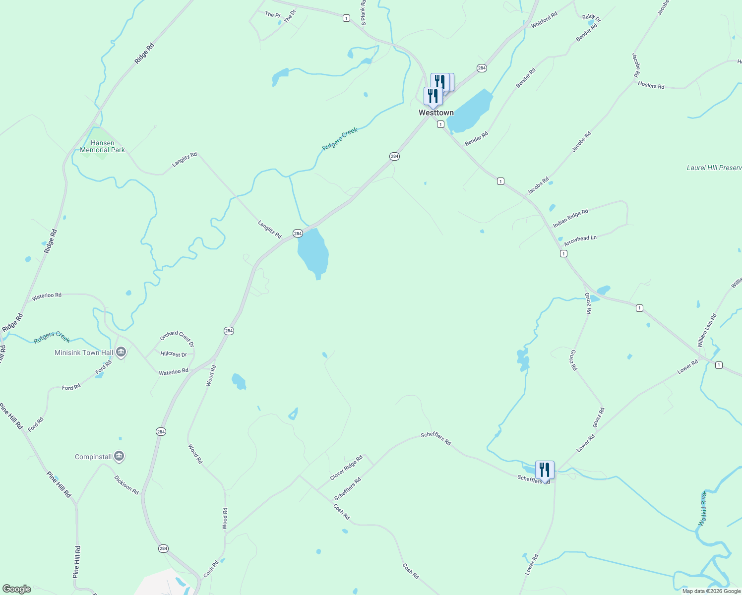 map of restaurants, bars, coffee shops, grocery stores, and more near 600 New York 284 in Westtown