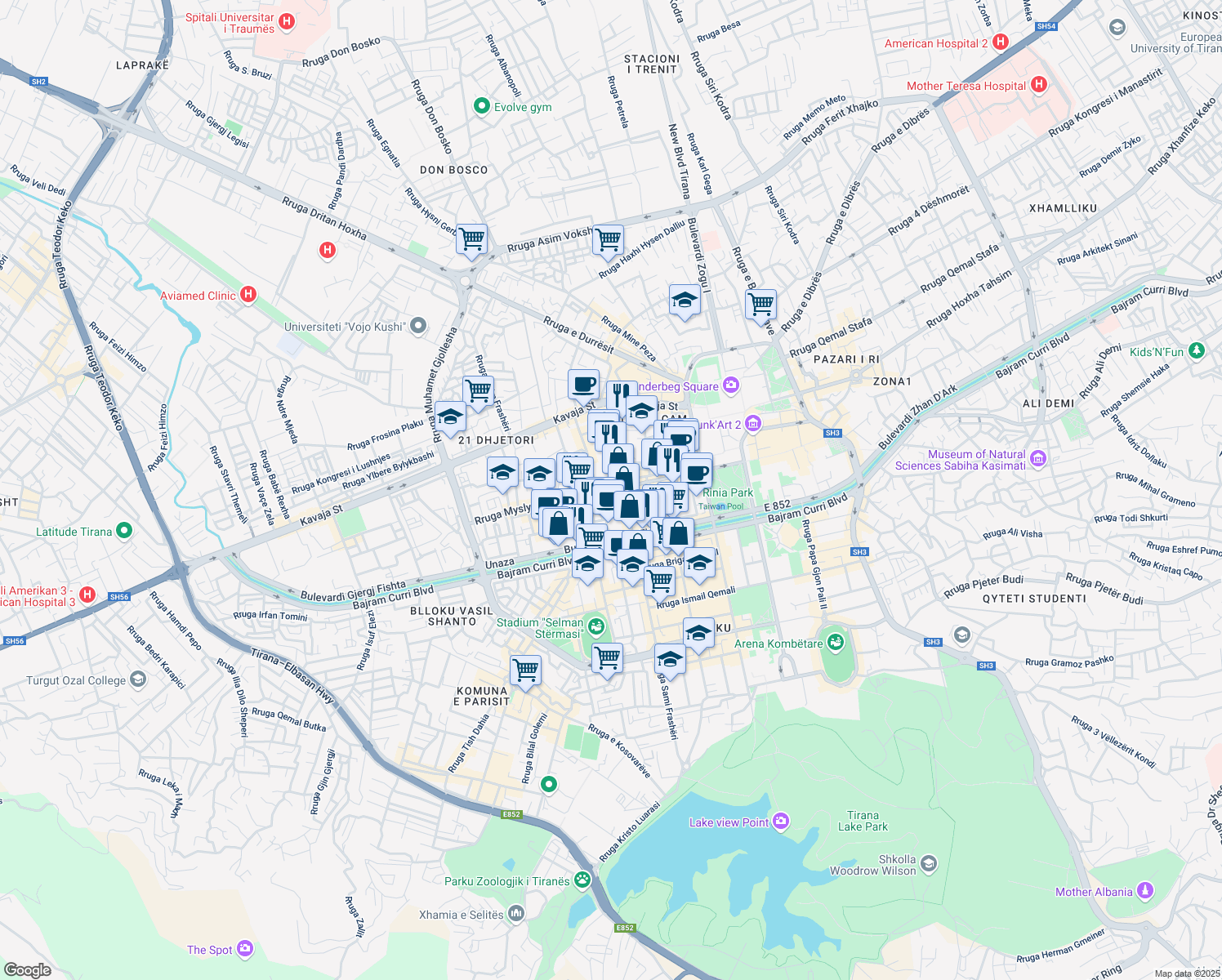 map of restaurants, bars, coffee shops, grocery stores, and more near Rruga Myslym Shyri in Tiranë