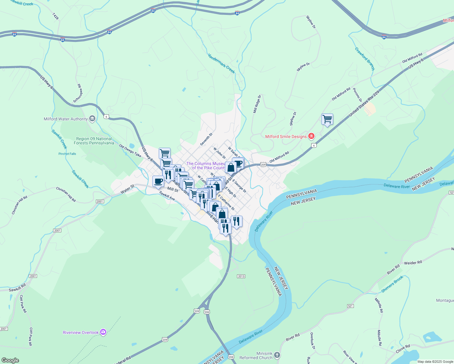 map of restaurants, bars, coffee shops, grocery stores, and more near 506 Broad Street in Milford