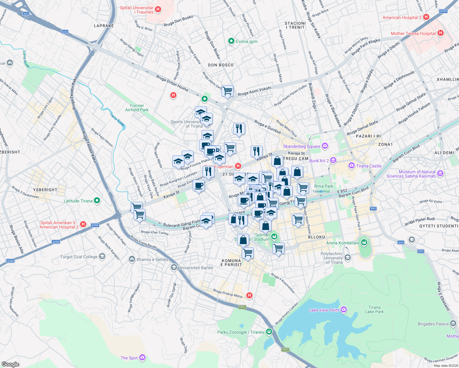 map of restaurants, bars, coffee shops, grocery stores, and more near Rruga Sulejman Pitarka in Tirana