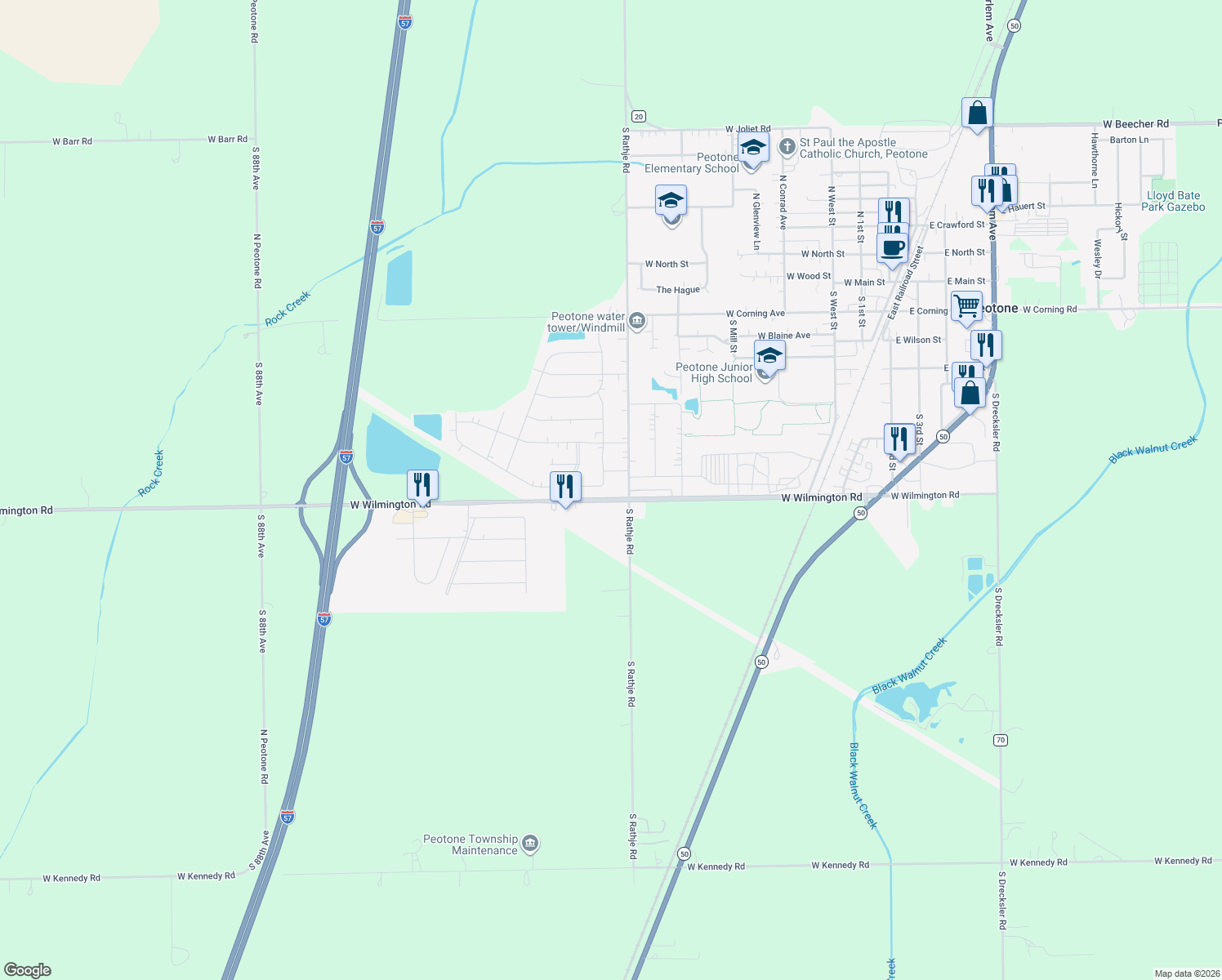 map of restaurants, bars, coffee shops, grocery stores, and more near 613 Jean Street in Peotone