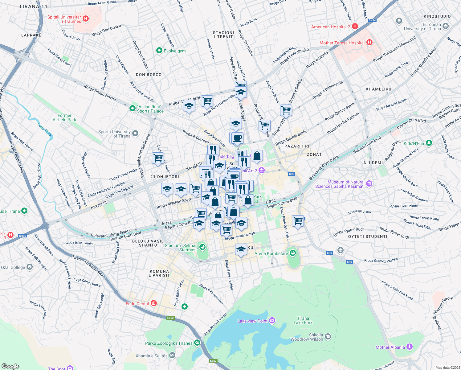 map of restaurants, bars, coffee shops, grocery stores, and more near Rruga Shyqyri Bërxolli in Tiranë