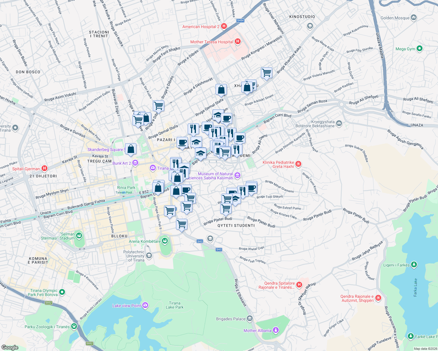 map of restaurants, bars, coffee shops, grocery stores, and more near Rruga Petro Nini Luarasi in Tirana