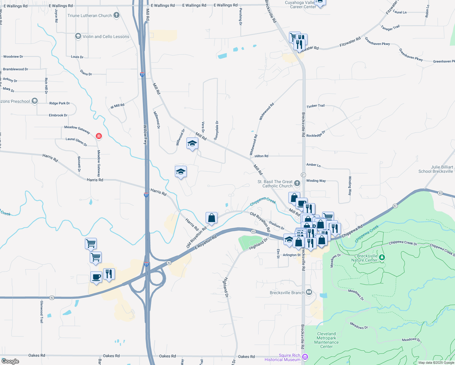 map of restaurants, bars, coffee shops, grocery stores, and more near 8063 Long Forest Drive in Brecksville