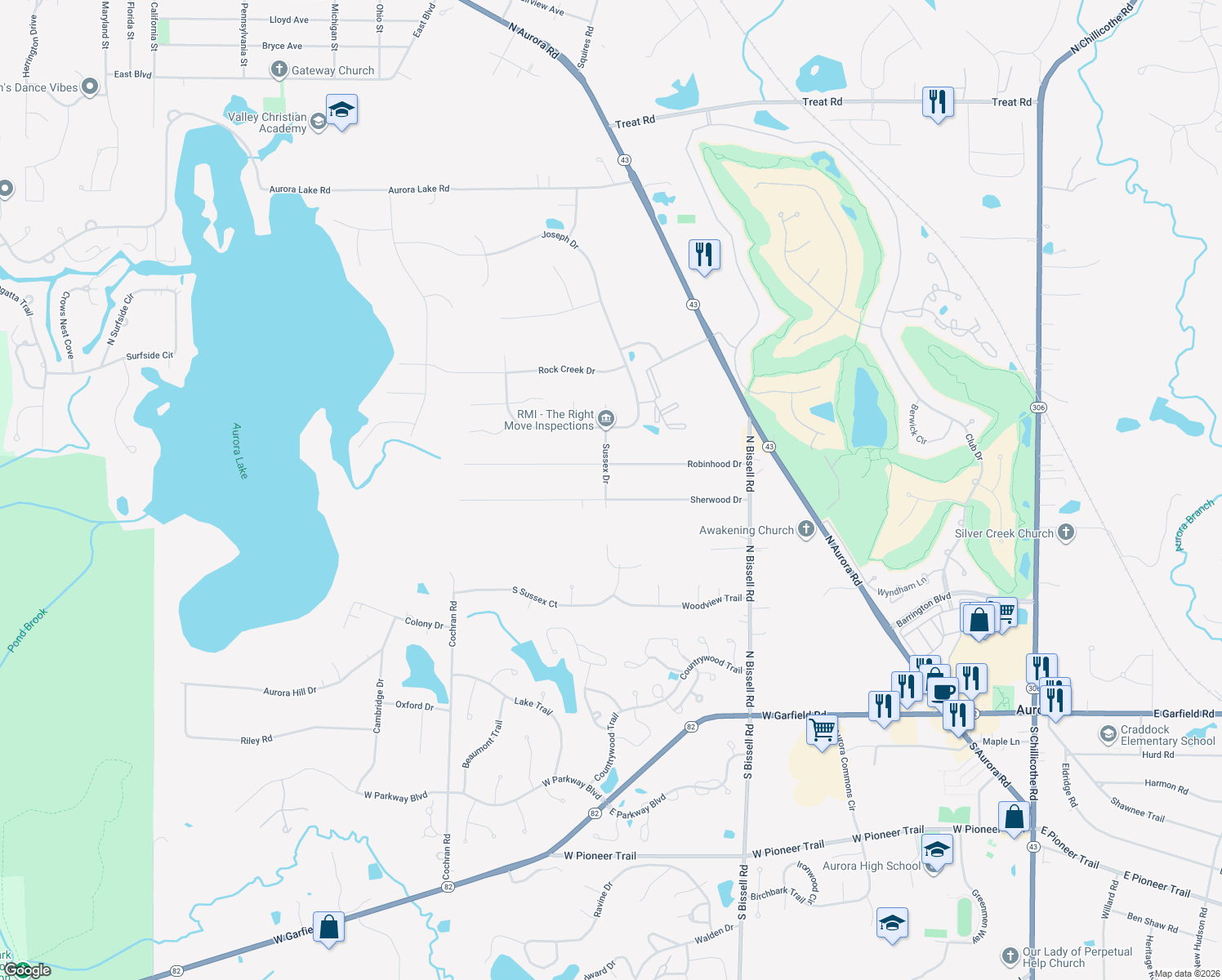 map of restaurants, bars, coffee shops, grocery stores, and more near 620 Sherwood Drive in Aurora