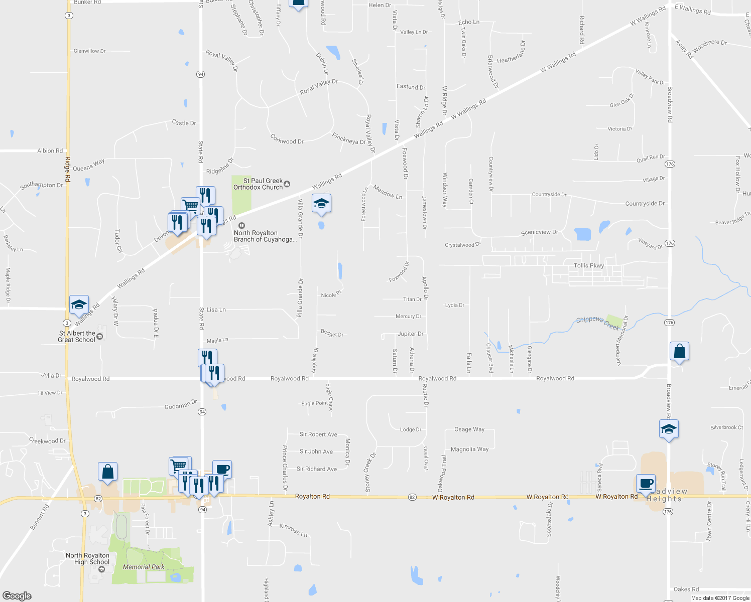 map of restaurants, bars, coffee shops, grocery stores, and more near 3693 Titan Drive in North Royalton