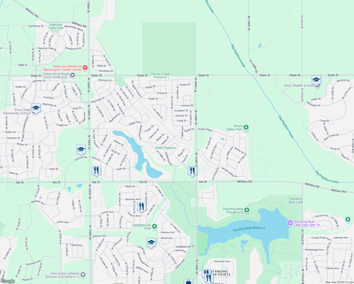 map of restaurants, bars, coffee shops, grocery stores, and more near 14602 Girard Street in Bennington