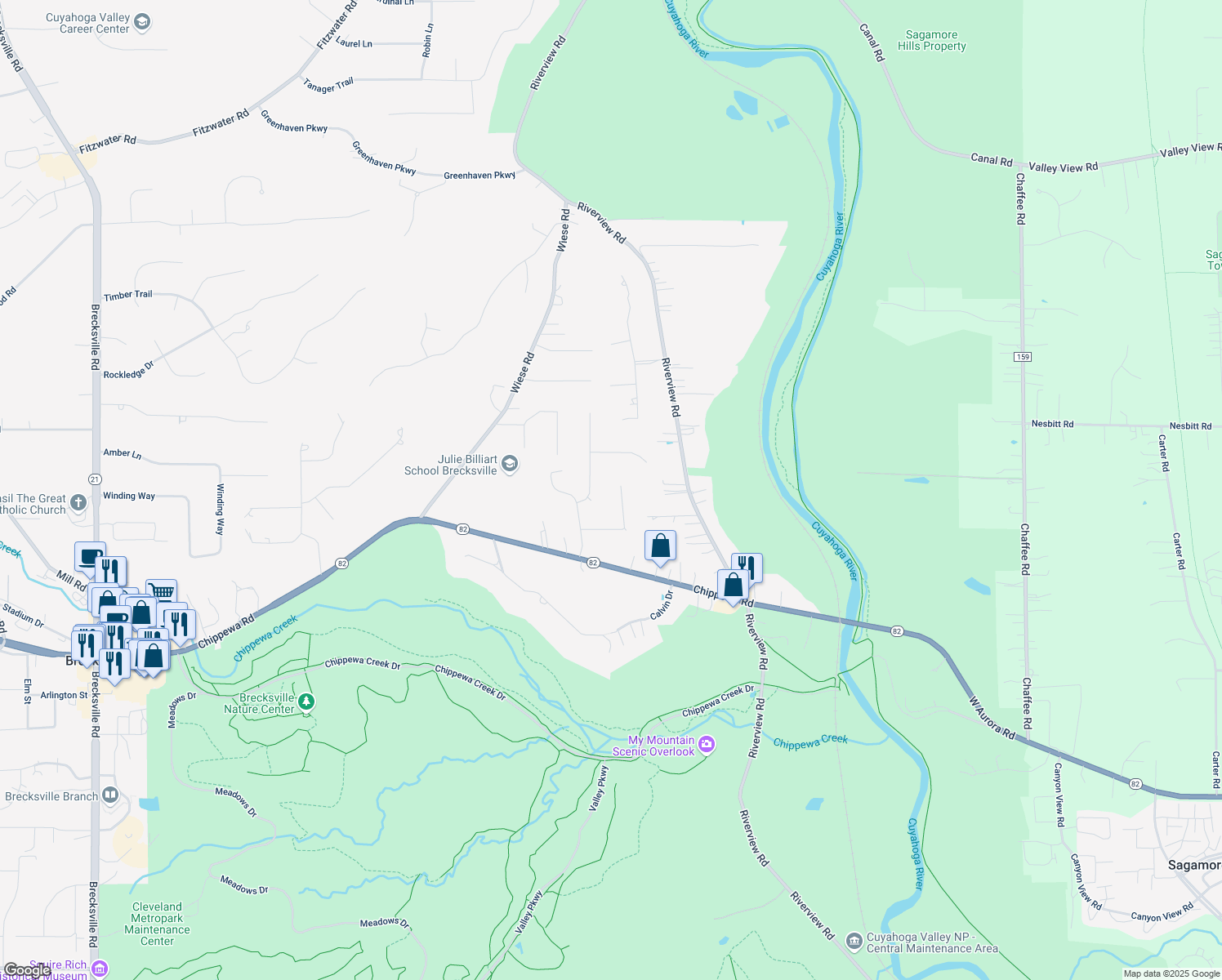 map of restaurants, bars, coffee shops, grocery stores, and more near 7751 Sunstone Drive in Brecksville