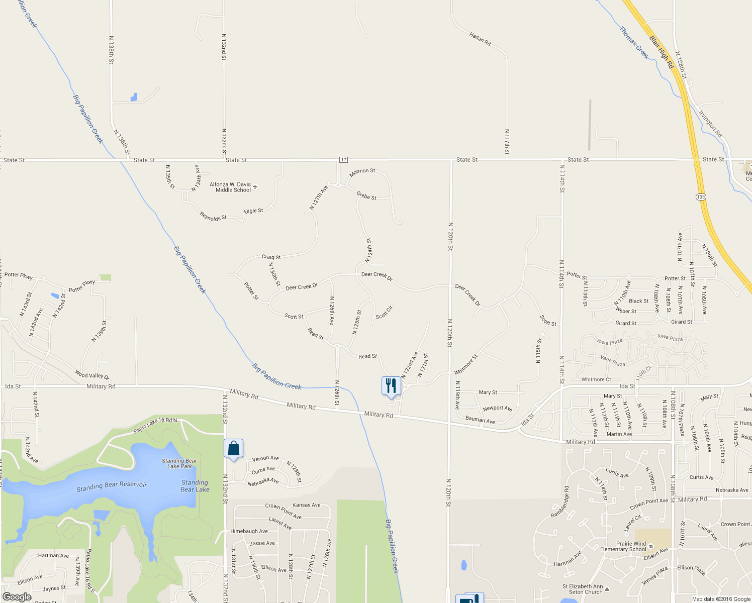 map of restaurants, bars, coffee shops, grocery stores, and more near 7323 N 124th St in Omaha